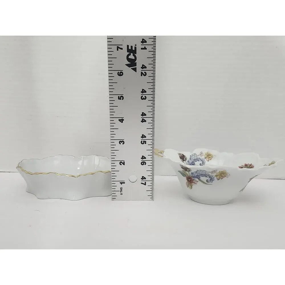Vintage Fine Porcelain Floral Trinket Dish Bowl Set Gold Trim